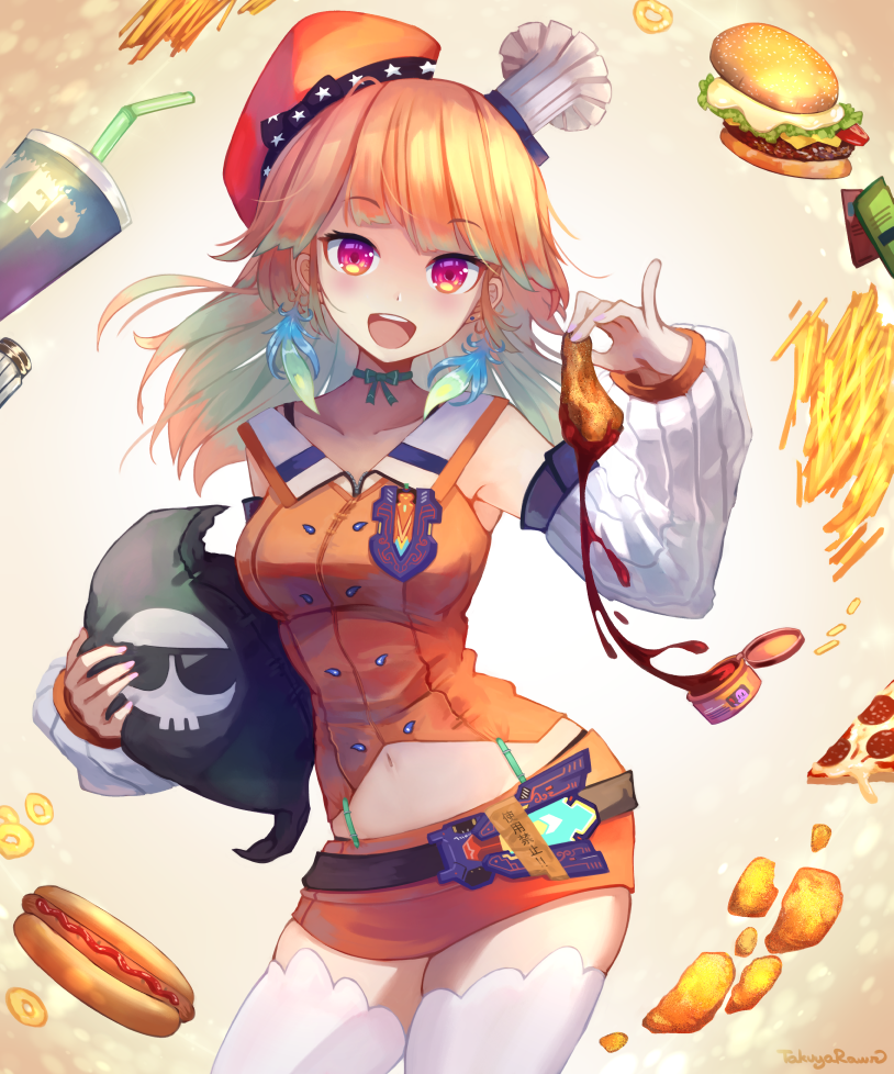 1girl, :d, artist_name, bangs, beret, breasts, collarbone, commentary