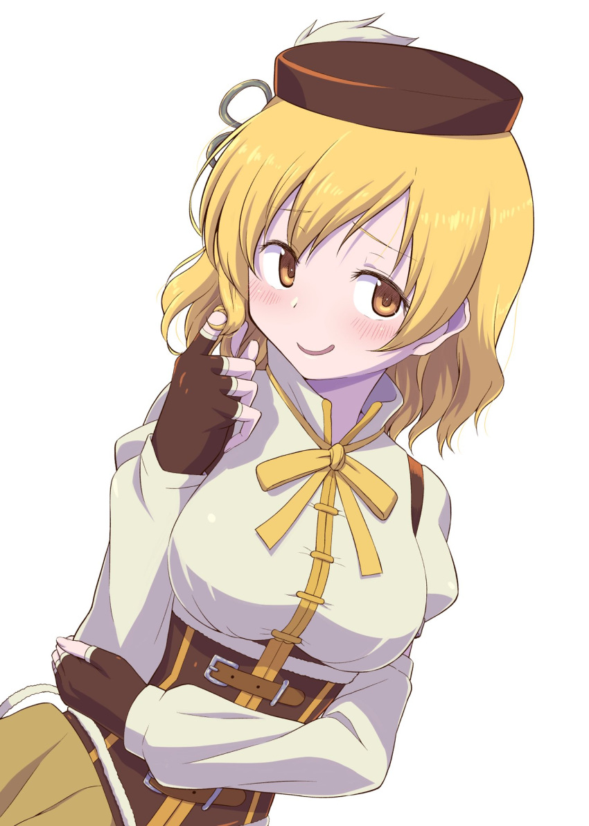 1girl, alternate_hair_length, alternate_hairstyle, beret, blonde_hair, blush, breasts, corset, fingerless_gloves, gloves, hair_ornament, hat, highres, magical_girl, mahou_shoujo_madoka_magica, ribbon, short_hair, solo, tomoe_mami, touyu_(yuruyuruto), yellow_eyes