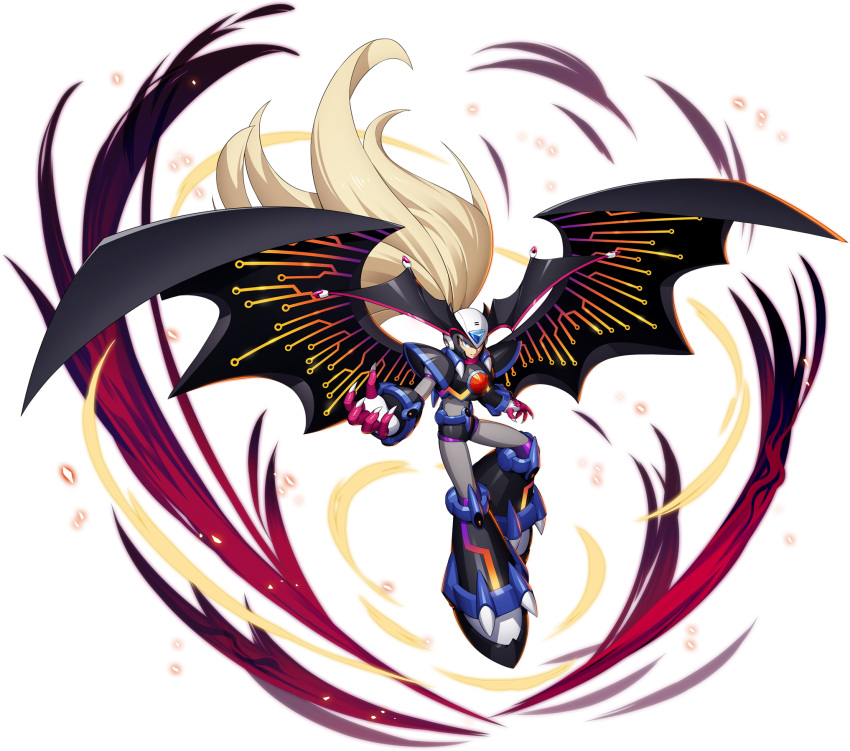 1boy, absolute_zero_(mega_man), alternate_form, android, bat_wings, blonde_hair, blue_eyes, claws