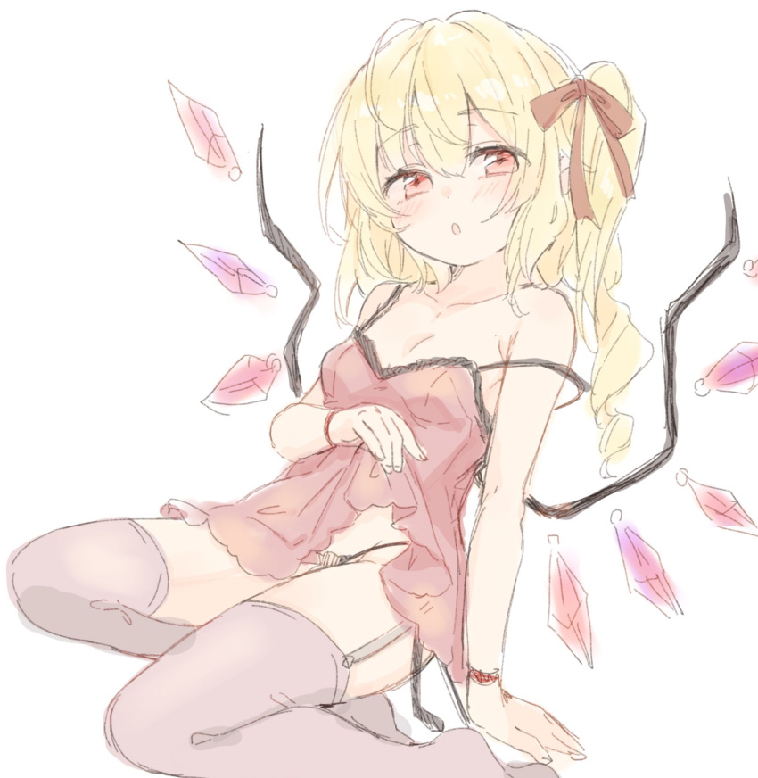 1girl, :o, babydoll, bare_arms, bare_shoulders, black_panties, blonde_hair, breasts