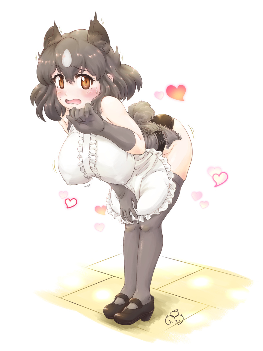 1girl, animal_ears, apron, bangs, bare_shoulders, bear_ears, bear_girl, bear_tail, bent_over, black_hair, black_panties, blush, breasts, brown_bear_(kemono_friends), brown_eyes, colored_inner_hair, covered_nipples, embarrassed, extra_ears, eyebrows_visible_through_hair, frilled_apron, frills, full_body, furrowed_eyebrows, gloves, hair_between_eyes, hand_up, heart, highres, kemono_friends, large_breasts, looking_at_viewer, mikan_toshi, multicolored_hair, no_pants, open_mouth, panties, raised_eyebrow, shoes, sidelocks, skindentation, sleeveless, solo, standing, sweat, tail, thigh-highs, two-tone_hair, underwear, white_apron, white_hair