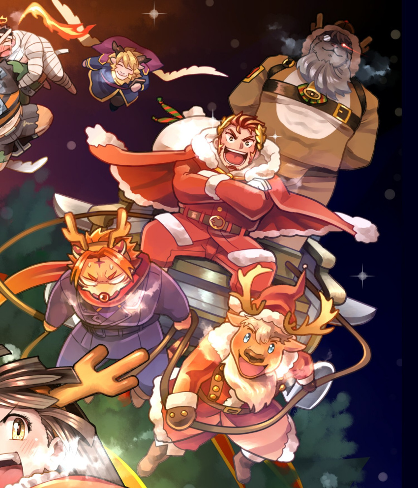 1girl, 6+boys, animal_ears, antlers, arsalan_(tokyo_houkago_summoners), beard, blush, breath