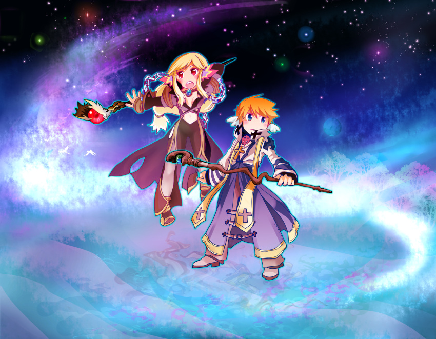 1boy, 1girl, abstract_background, absurdres, archbishop_(ragnarok_online), bangs, bird, black_coat, black_pants, blonde_hair, blue_coat, blue_eyes, blush, brown_footwear, chain, closed_mouth, coat, commentary_request, cross, cross_necklace, eyes_visible_through_hair, full_body, gem, hair_between_eyes, head_wings, highres, holding, holding_staff, jewelry, lautrec_v, long_hair, looking_to_the_side, low-tied_long_hair, multicolored, multicolored_wings, navel, necklace, open_clothes, open_coat, open_mouth, pants, planet, ragnarok_online, red_eyes, shoes, short_hair, sidelocks, staff, star_(sky), starry_background, swept_bangs, tree, two-tone_coat, upper_teeth, warlock_(ragnarok_online), white_coat, white_footwear, wings
