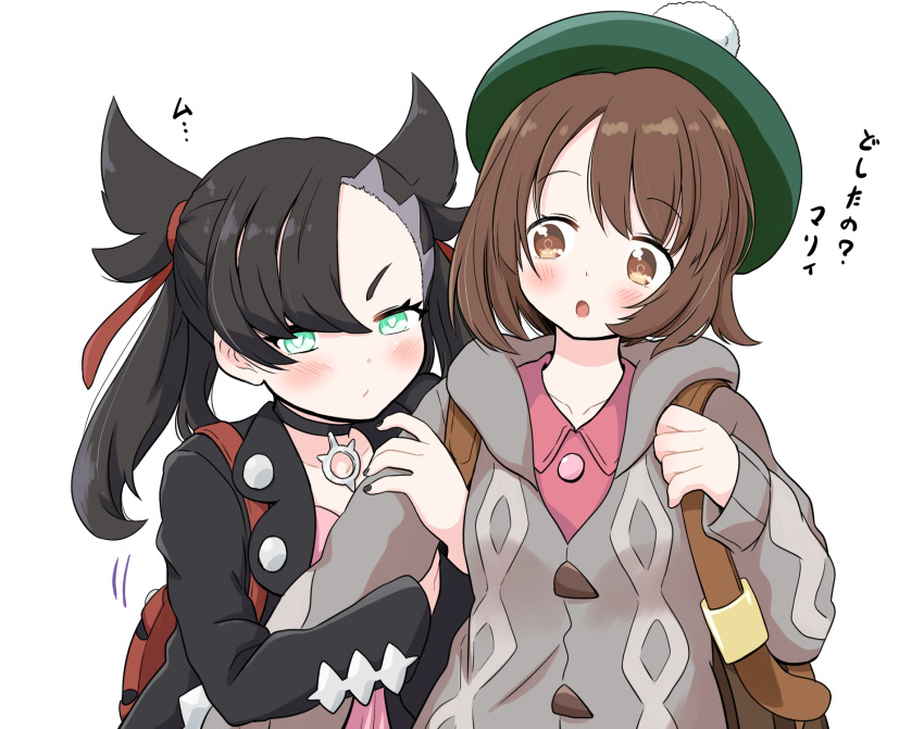 2girls, :o, arm_hug, asymmetrical_bangs, backpack, bag, bangs, black_choker