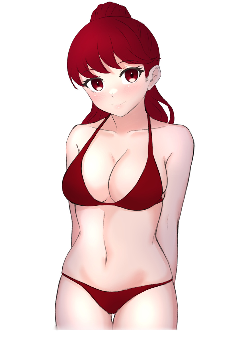 1girl, absurdres, arms_behind_back, atlus, bikini, blush, breasts, collarbone