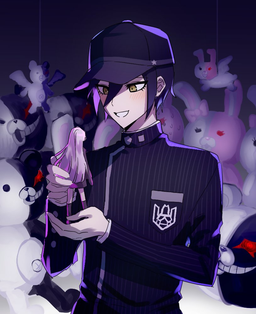 1boy, :d, bangs, baseball_cap, black_hair, black_headwear, black_jacket, black_skirt