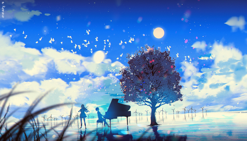1boy, 1girl, arima_kousei, artist_name, bird, black_hair, blue_sky, bow_(instrument)