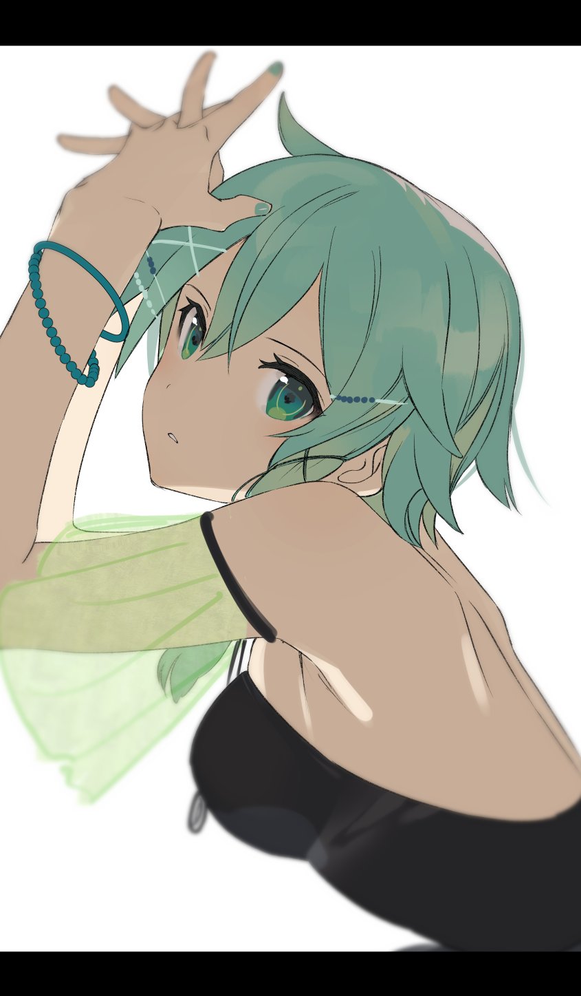 1girl, arms_up, bangs, bare_arms, bare_shoulders, black_leotard, breasts, commentary_request, fins, from_side, green_eyes, green_hair, hair_between_eyes, hair_ornament, hairclip, highres, kochi_(wwwkyck), leotard, letterboxed, looking_at_viewer, medium_breasts, parted_lips, short_hair, simple_background, sinon, solo, sword_art_online, teeth, upper_body, white_background, x_hair_ornament