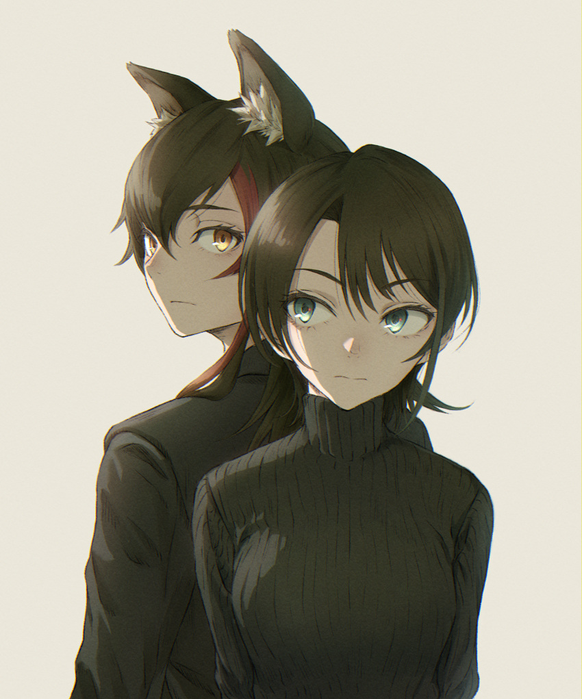 2girls, absurdres, alternate_costume, animal_ear_fluff, animal_ears, back-to-back, bangs, beige_background