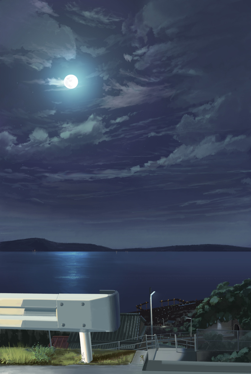 absurdres, clouds, dock, fence, full_moon, gingham_vest, grass, highres