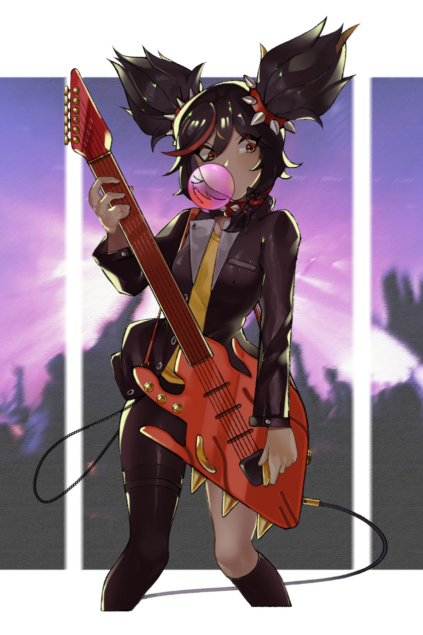 1girl, alternate_costume, bangs, black_hair, black_jacket, breasts, brown_eyes, bubble_blowing, dark_skin, dark-skinned_female, genshin_impact, guitar, highres, holding, holding_instrument, instrument, jacket, kneehighs, korean_commentary, looking_down, medium_breasts, multicolored_hair, necktie, rtgg, single_kneehigh, single_legging, solo, spikes, streaked_hair, suit_jacket, twintails, wire, xinyan_(genshin_impact), yellow_neckwear