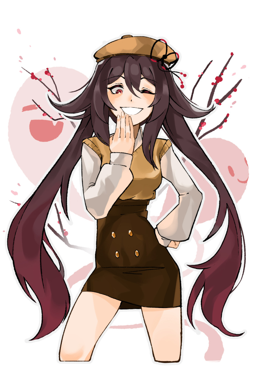1girl, alternate_costume, beret, blush, breasts, brown_hair, contemporary, genshin_impact