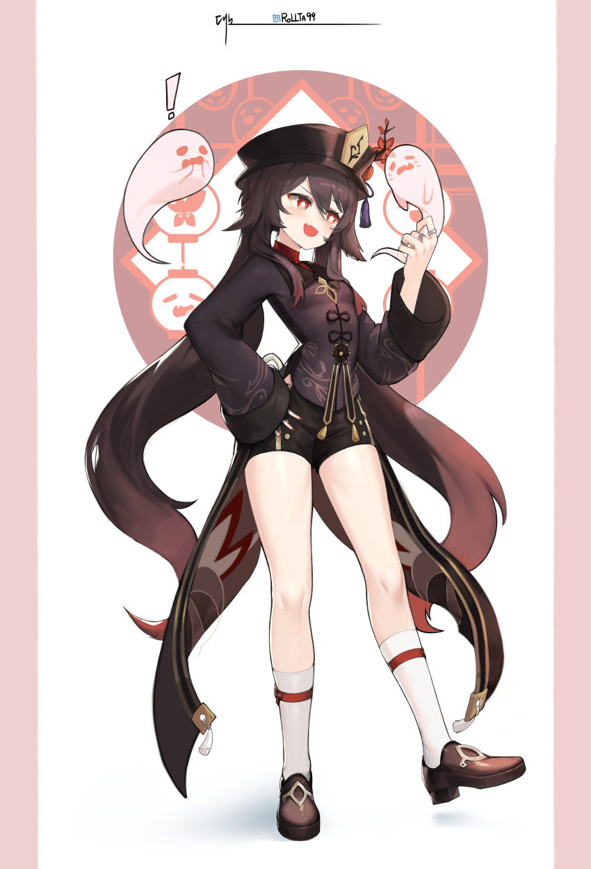 !, 1girl, :d, absurdres, black_headwear, black_shorts, blush, brown_hair