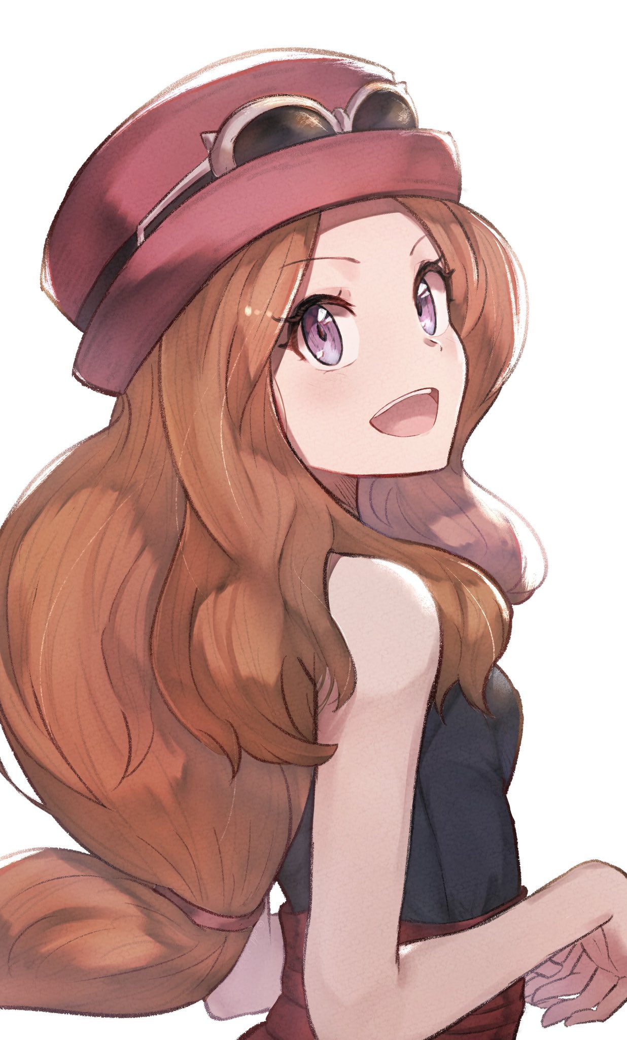 1girl, bare_arms, black_shirt, brown_hair, commentary, eyelashes, eyewear_on_headwear, hair_tie