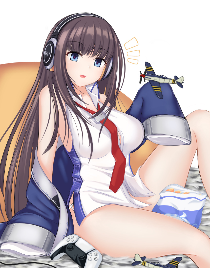 1girl, absurdres, aircraft, airplane, azur_lane, bag_of_chips, blue_eyes, blue_jacket