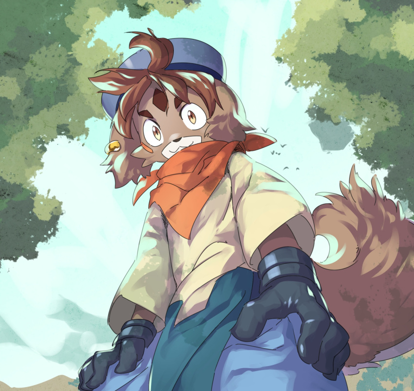 1boy, :3, animal_ears, black_gloves, brown_eyes, brown_hair, dog_boy, dog_ears, dog_tail, ear_piercing, floating_hair, freddie_(gundam_build_divers_re:rise), furry, gloves, gundam, gundam_build_divers, gundam_build_divers_re:rise, hands_on_own_thighs, highres, looking_at_viewer, looking_down, piercing, skink_(skink_hisshiss), solo, tail