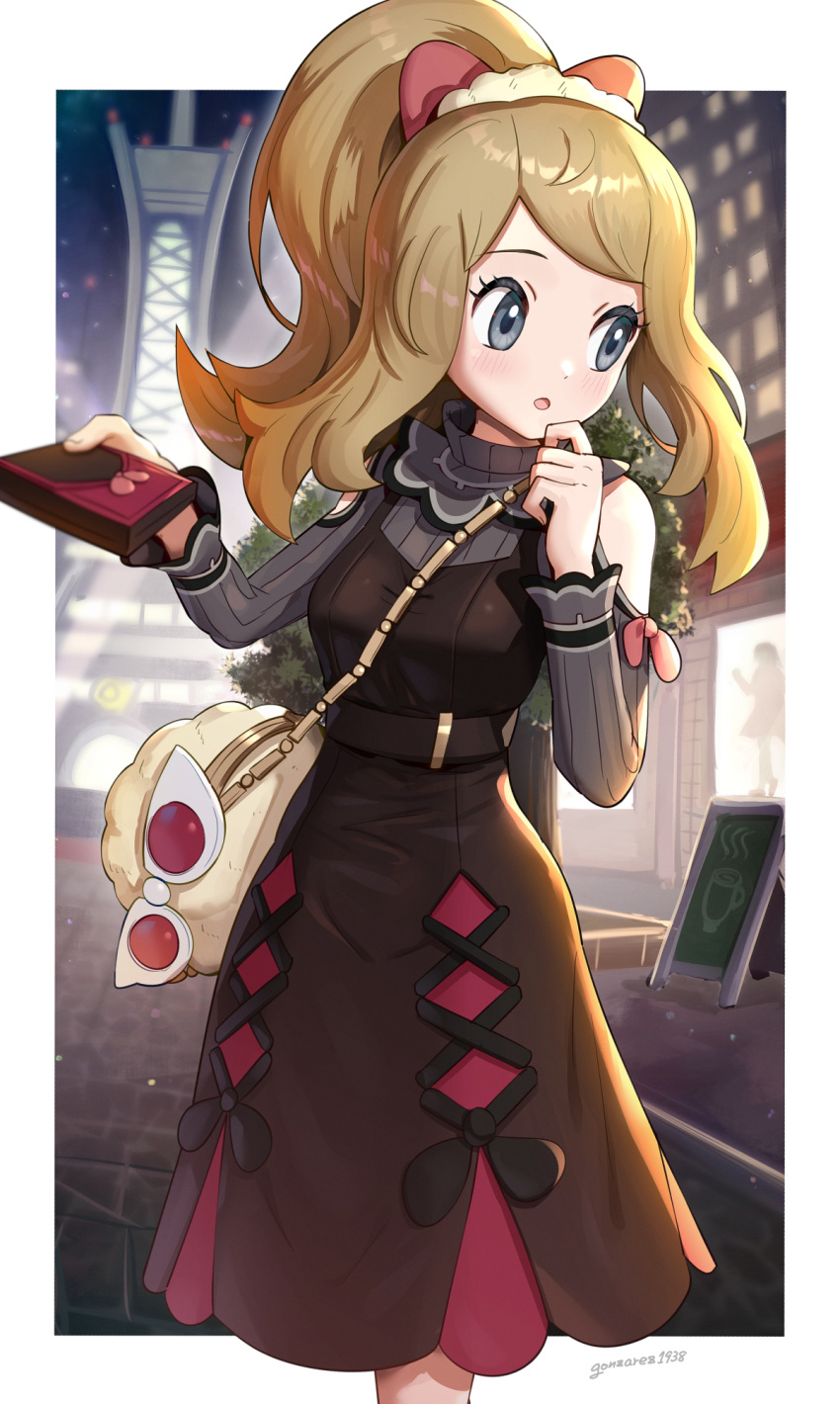 1girl, artist_name, blush, border, brown_dress, commentary_request, dress, eyelashes, eyewear_removed, gonzarez, grey_eyes, hands_up, highres, holding, light_brown_hair, long_hair, long_sleeves, looking_away, lumiose_city, night, open_mouth, outdoors, outside_border, pokemon, pokemon_(game), pokemon_masters_ex, serena_(pokemon), shiny, shiny_hair, solo, standing, sunglasses, tongue, white-framed_eyewear, white_border