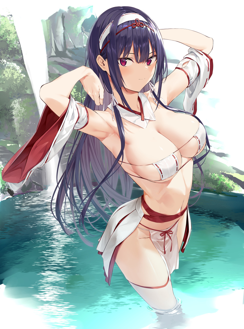 1girl, absurdres, arm_behind_head, armpits, arms_behind_head, bangs, blunt_bangs, breasts