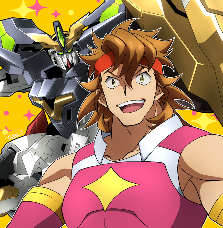 1boy, brown_hair, collarbone, green_eyes, gundam, gundam_aegis_knight, gundam_build_divers, gundam_build_divers_re:rise