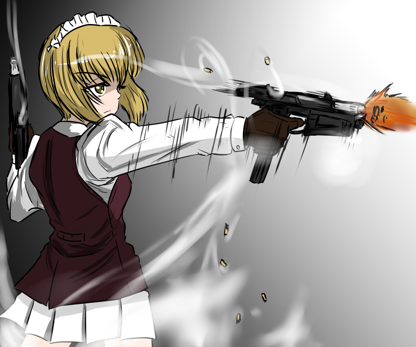 1girl, absurdres, bangs, bartender, black_gloves, blonde_hair, blunt_bangs, bob_cut, brown_vest, closed_mouth, commentary, cutlass_(girls_und_panzer), dress_shirt, dual_wielding, eyebrows_visible_through_hair, firing, frown, girls_und_panzer, gloves, grey_background, gun, highres, holding, long_sleeves, looking_to_the_side, machine_pistol, maid_headdress, miniskirt, moesenyukikaze, motion_blur, pleated_skirt, pm-63_rak, school_uniform, shell_casing, shirt, short_hair, skirt, smoke, solo, standing, vest, weapon, white_shirt, white_skirt, yellow_eyes
