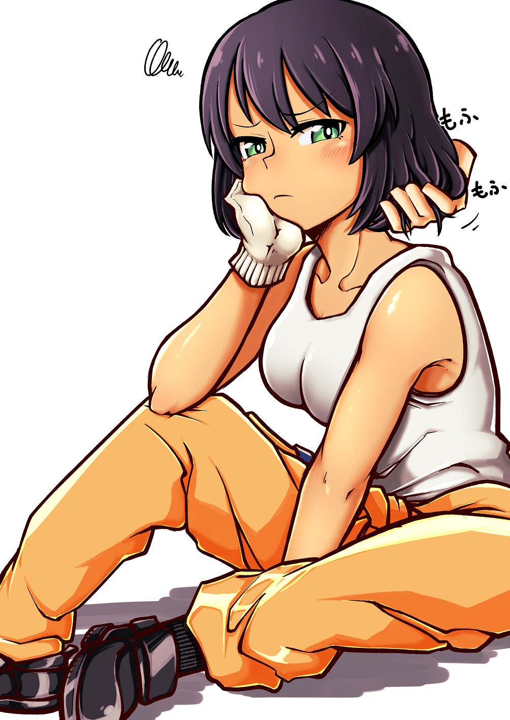 1girl, bangs, black_footwear, blush, bob_cut, brown_hair, closed_mouth, clothes_around_waist, commentary_request, dark_skin, dark-skinned_female, disembodied_limb, frown, girls_und_panzer, gloves, green_eyes, half-closed_eyes, hand_in_another's_hair, head_rest, hidanedane, highres, hoshino_(girls_und_panzer), jumpsuit, long_sleeves, looking_at_viewer, mechanic, medium_hair, motion_lines, orange_jumpsuit, partial_commentary, shadow, shirt, shoes, short_hair, simple_background, sitting, squiggle, tank_top, translated, uniform, white_background, white_gloves, white_shirt