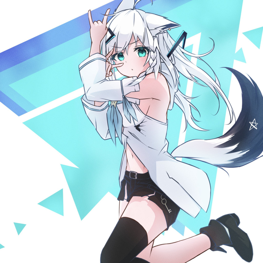 1girl, ahoge, animal_ears, arms_up, bangs, bare_shoulders, black_footwear, black_shorts, blue_neckwear, braid, breasts, commentary_request, detached_sleeves, earrings, eyebrows_visible_through_hair, fox_ears, fox_girl, fox_shadow_puppet, fox_tail, green_eyes, hair_between_eyes, hair_ornament, hairclip, highres, hololive, hood, hoodie, jewelry, key, leg_up, long_hair, looking_at_viewer, medium_breasts, neckerchief, oninome_tsuki, pentagram, shirakami_fubuki, shorts, sidelocks, single_braid, single_thighhigh, solo, tail, thigh-highs, virtual_youtuber, white_hair, white_hoodie