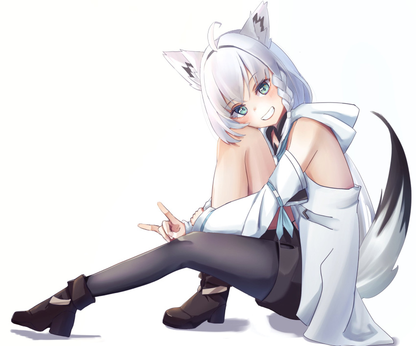 1girl, ahoge, animal_ears, bangs, black_footwear, black_shorts, blush, braid