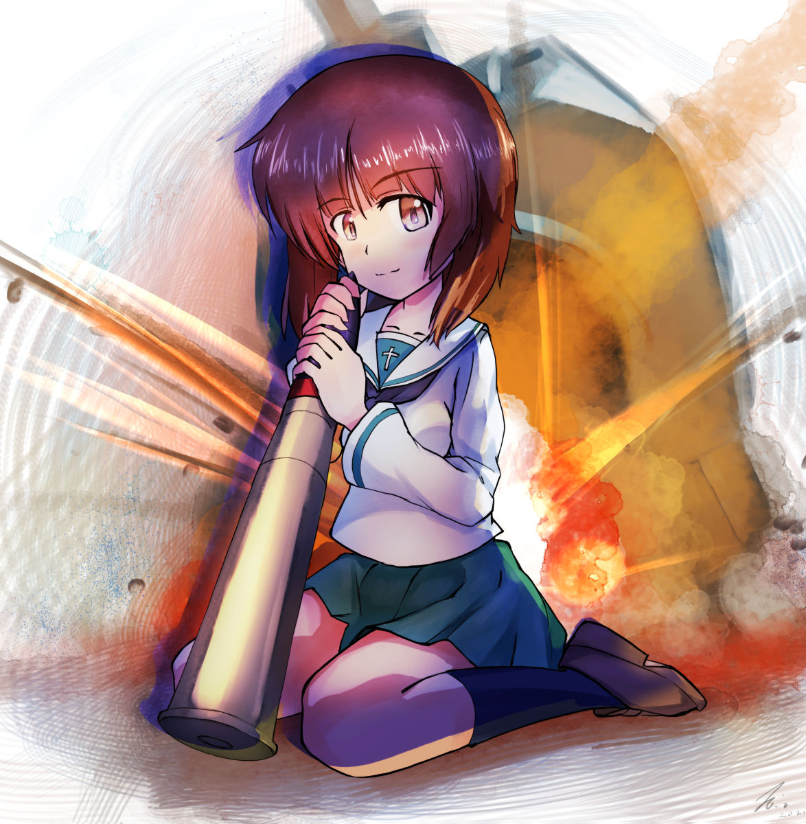 1girl, artist_name, bangs, black_legwear, black_neckwear, blouse, brown_eyes, brown_footwear