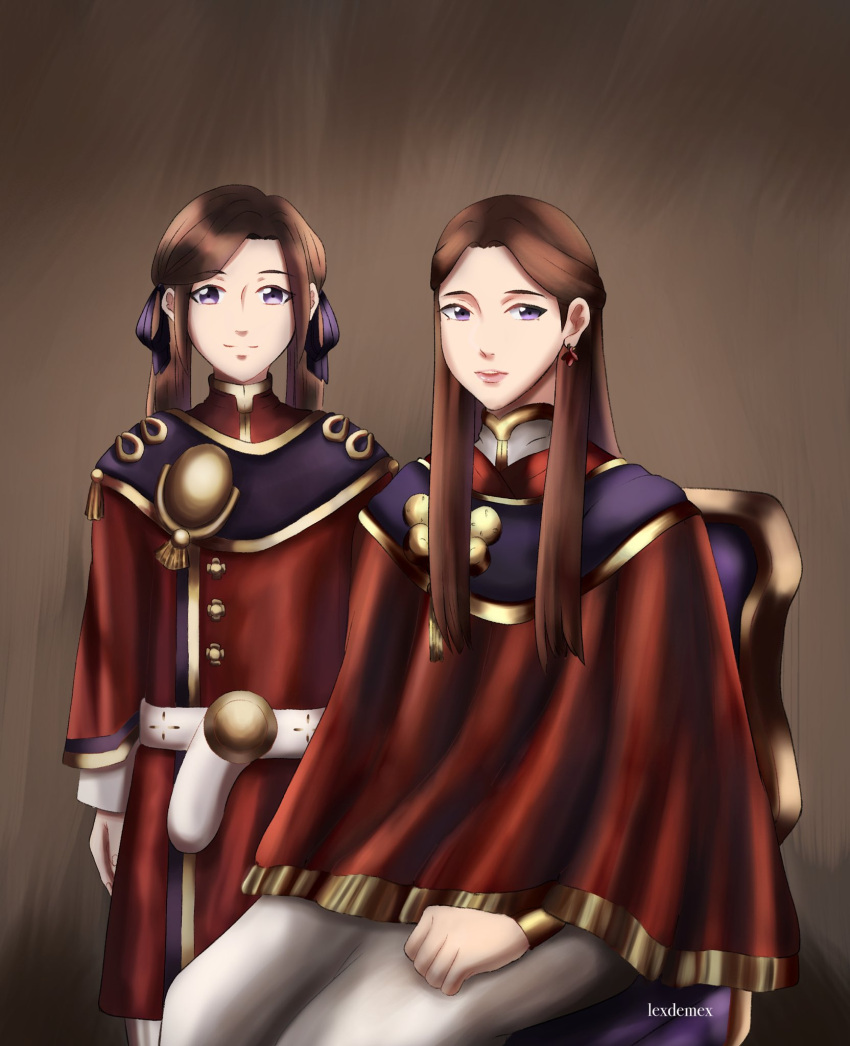 2girls, adult, artist_name, brown_hair, chair, child, ear_piercing, edelgard_von_hresvelg, fire_emblem, fire_emblem:_three_houses, fire_emblem_16, intelligent_systems, lexdemex, looking_at_viewer, mother, mother_and_daughter, nintendo, patricia_(fire_emblem), portrait, violet_eyes, young, younger