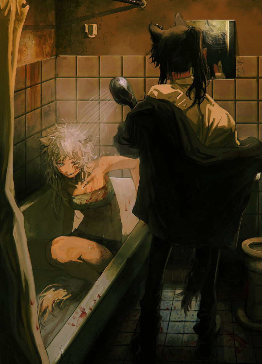 2girls, absurdres, animal_ear_fluff, animal_ears, arknights, bangs, bathroom, bathtub