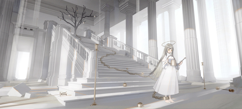 1girl, apple, bare_tree, barefoot, blonde_hair, chain, cuffs, dress, food, fruit, halo, highres, indoors, long_hair, nakai_(nnnjpg), orange_eyes, original, pillar, scenery, shackles, solo, stairs, tree, very_long_hair, watering_can, white_dress, white_theme