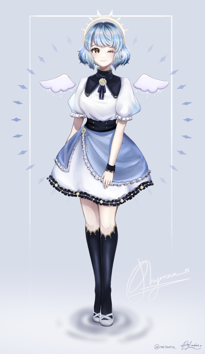 1girl, absurdres, black_legwear, blue_hair, breasts, detached_wings, dress, full_body, gradient, gradient_background, grey_background, halo, highres, kneehighs, large_breasts, looking_at_viewer, one_eye_closed, original, phyrnna, rae_laviere_(artist), ripples, short_hair, signature, smile, solo, standing, twitter_username, white_background, white_footwear, wings, yellow_eyes