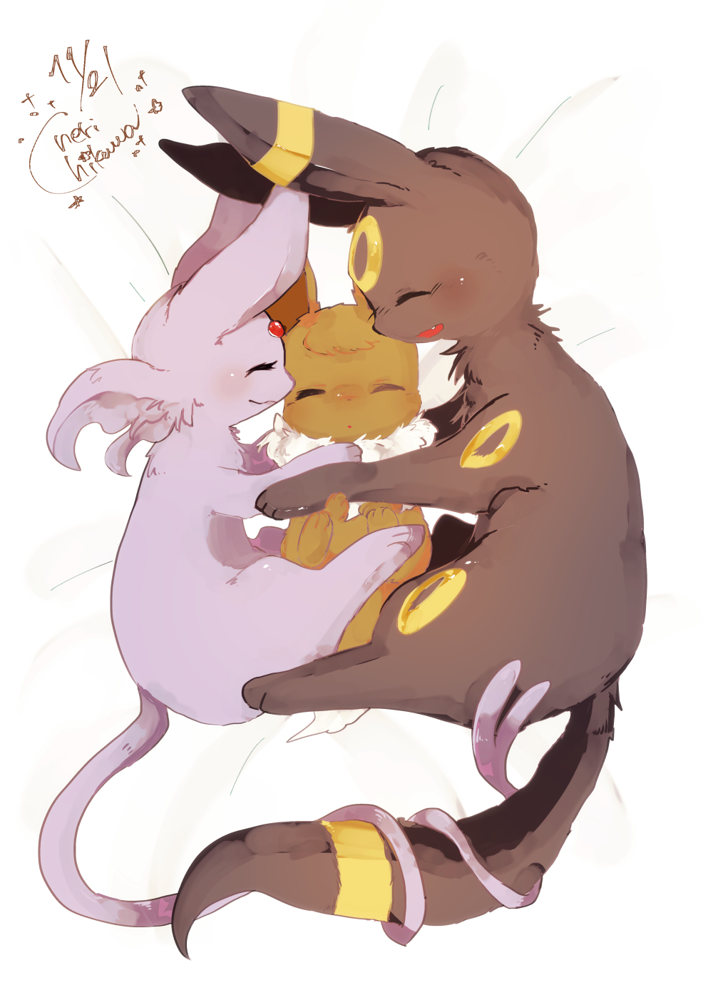 :3, animal_focus, artist_name, banchiku, bangs, bed_sheet, blush, closed_eyes