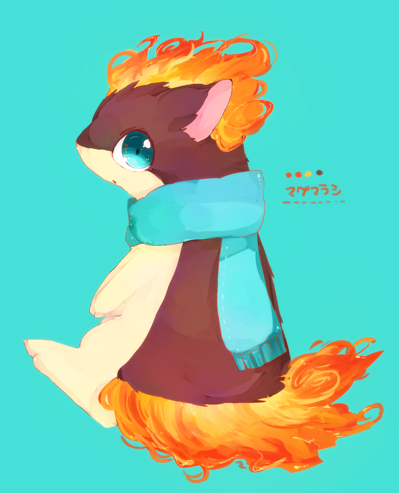animal_focus, banchiku, blue_background, blue_eyes, blue_scarf, character_name, color_guide, commentary_request