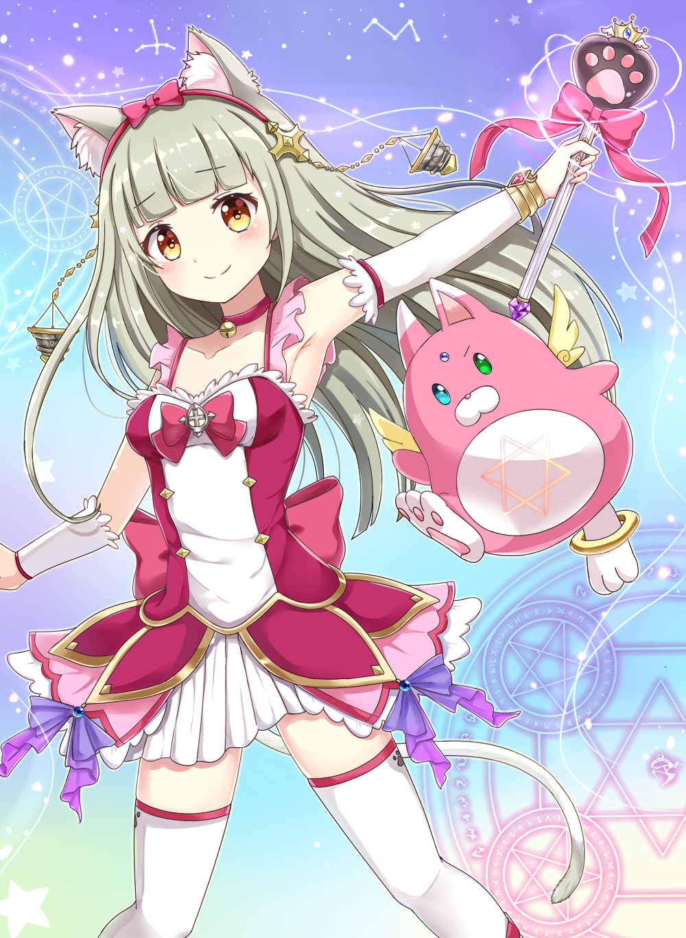 1girl, animal_ear_fluff, animal_ears, armpits, bell, bell_choker, blush, bow