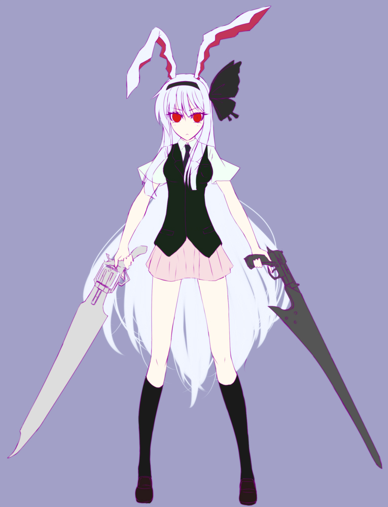 asa_inu, bow, bunny_ears, colored_eyelashes, dual_wielding, eyelashes, fusion, gun