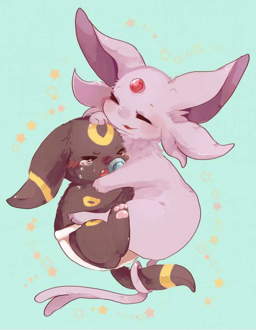 >_<, :3, animal_focus, aqua_background, banchiku, blush, closed_eyes, clothed_pokemon