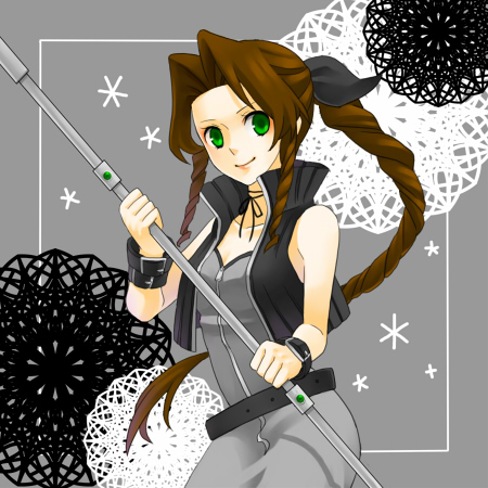 bad_id, bare_shoulders, belt, black_ribbon, brown_hair, dress, female, final_fantasy, final_fantasy_vii, green_eyes, hikarinoniwa, jacket, long_hair, lowres, ponytail, ribbon, solo, staff, wristband, yue_(pixiv505659)