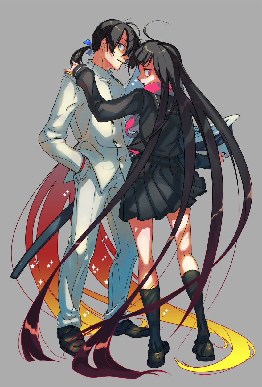1boy, 1girl, absurdly_long_hair, absurdres, ahoge, bangs, black_footwear, black_hair