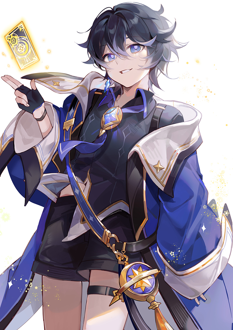 1boy, black_gloves, black_hair, black_shirt, black_shorts, blue_coat, blue_eyes, brooch