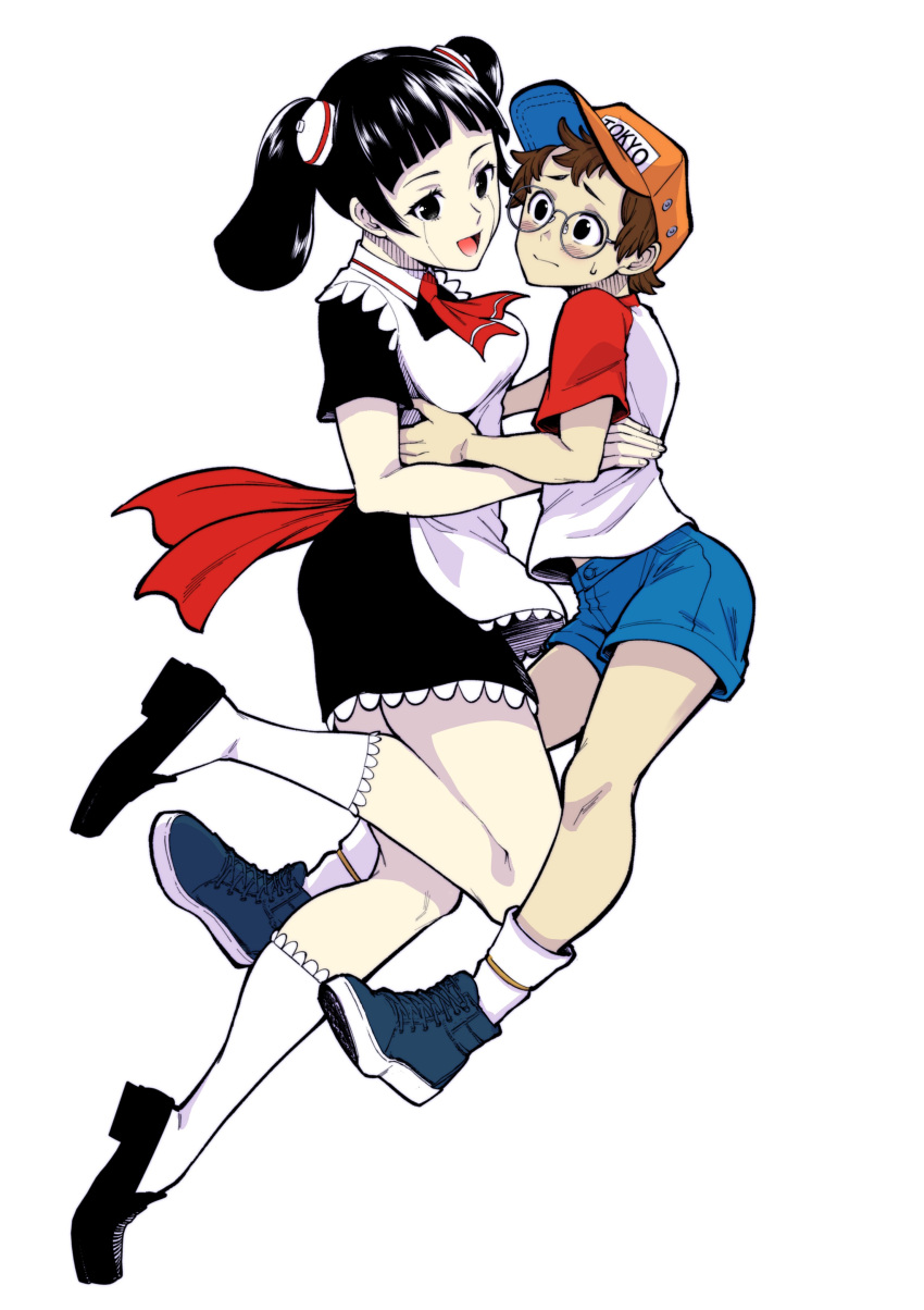 1boy, 1girl, absurdres, apron, artist_request, black_eyes, black_footwear, black_hair