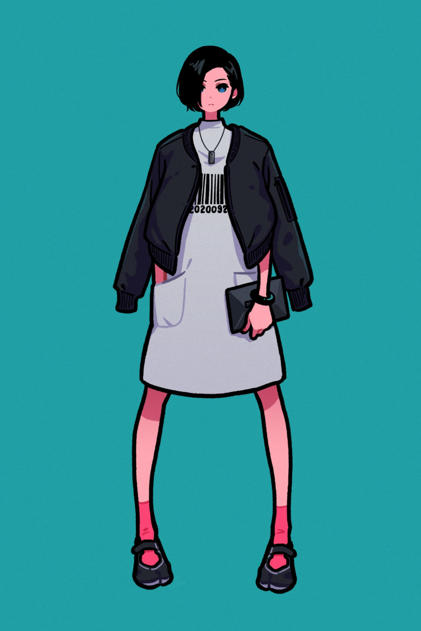 1girl, absurdres, aqua_background, barcode, black_footwear, black_hair, blue_eyes, bracelet