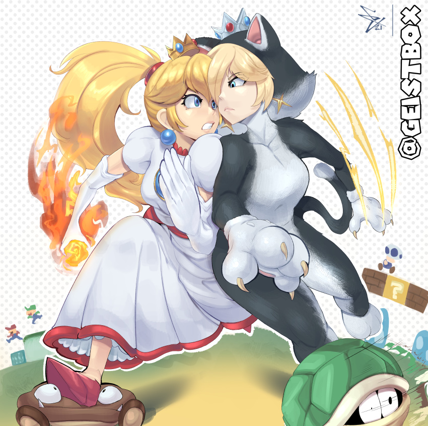 absurdres, animal_costume, blonde_hair, blue_eyes, cat_costume, claws, clenched_teeth, crown