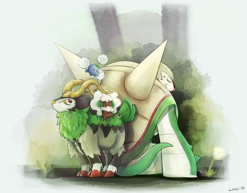 :3, artist_name, bush, chesnaught, closed_eyes, closed_mouth, commentary, dandelion