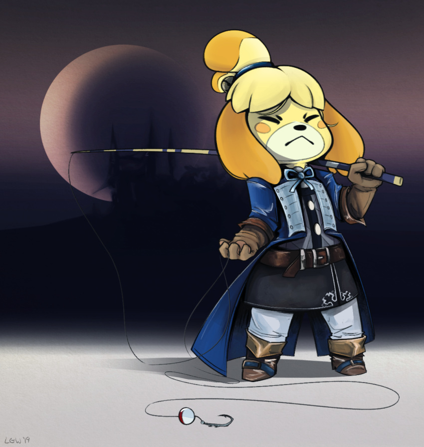 1girl, :<, alternate_costume, animal_crossing, animal_ears, animal_nose, artist_name, bell, belt, black_skirt, blonde_hair, blue_coat, blue_neckwear, blue_ribbon, blush_stickers, body_fur, boots, brown_footwear, brown_gloves, castle, closed_eyes, closed_mouth, coat, commentary, cosplay, dated, dog_ears, dog_girl, english_commentary, fishing_rod, full_body, furry, gloves, hair_bell, hair_ornament, hair_tie, hand_up, highres, holding, isabelle_(animal_crossing), jingle_bell, little_grey_wolf, long_sleeves, miniskirt, moon, neck_ribbon, night, night_sky, outdoors, pants, pencil_skirt, ribbon, richter_belmont, richter_belmont_(cosplay), shirt, short_hair, signature, skirt, sky, solo, standing, super_smash_bros., sweater, tied_hair, topknot, white_pants, white_shirt, yellow_fur
