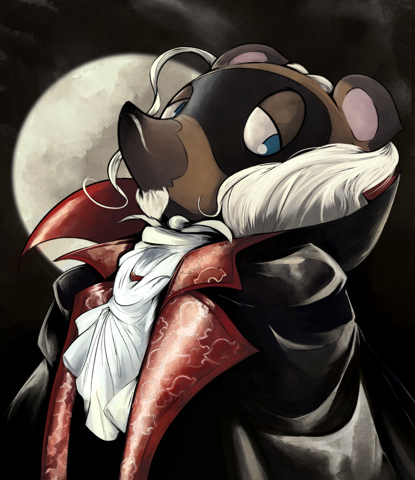 1boy, alternate_costume, animal_crossing, animal_ears, beard, black_cape, black_fur, black_sky