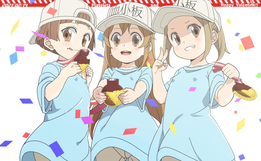 3girls, :d, backwards_hat, baseball_cap, blue_shirt, brown_eyes, brown_hair, brown_shorts