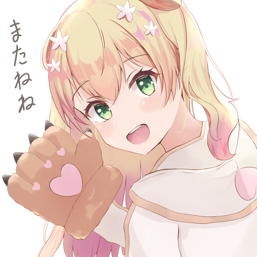 1girl, animal_ears, bear_paws, blonde_hair, blush, double_bun, eyebrows_visible_through_hair, fang
