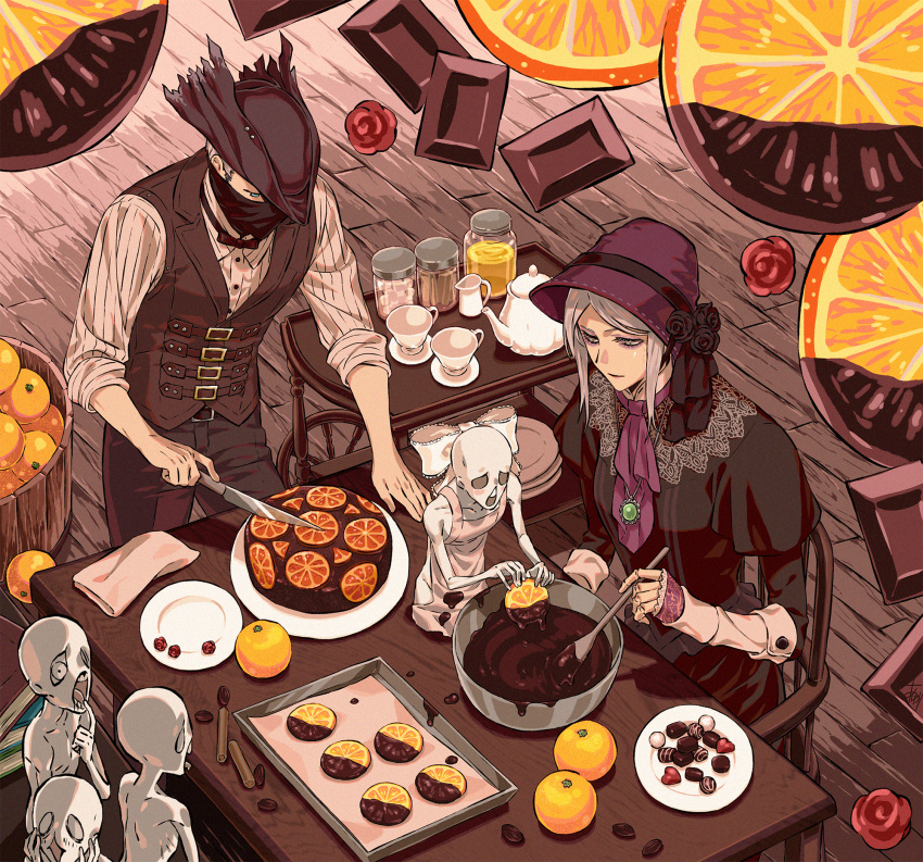 arizuka_(catacombe), ascot, belt, bloodborne, blue_eyes, bonnet, bow, bowtie