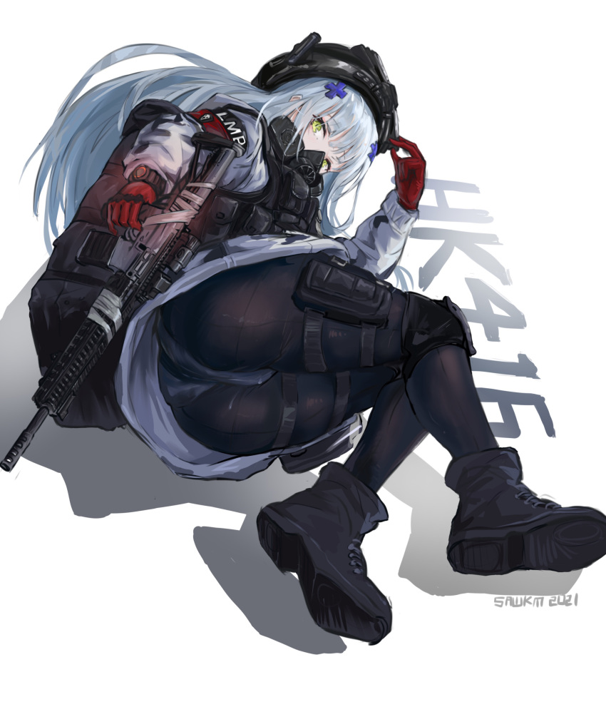 1girl, absurdres, ass, assault_rifle, backpack, bag, boots, character_name